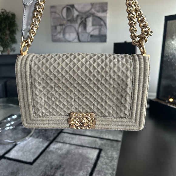 “SOLD” Authentic Chanel Boy Flap Quilted Olive Denim Bag - Picture 9 of 11